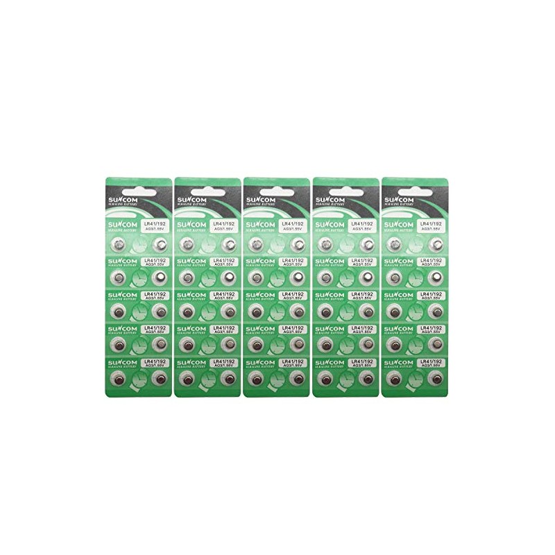 SUNCOM (50 pcs AG3 Alkaline 1.5V Button Cell Battery Single