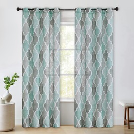 Beauoop Linen Semi Sheer Curtains 108 Inches Long 2 Panels for Bedroom Living Room Aqua Grey Moroccan Geo Farmhouse Light Filtering Privacy Textured Grommet Top Window Treatments Drapes, 50x108 2 Set