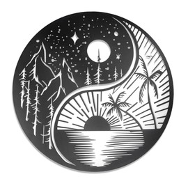 PTSGCAI 12 Inches Moon Sun and Stars Wall Plaque Metal Tree Life Wall Art Rustic Metal Yin Yang Sign Forest Trees and Mountains Wall Hangings Decor for Interior Outdoor Decoration