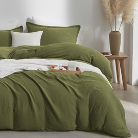 Bailix Muslin Duvet Cover Set Queen Size, 100% Washed Cotton Gauze Duvet Cover for All Seasons, Linen Like, 3 PCS, 1 Fluffy Duvet Cover(90"x90") with 2 Pillow Shams(20"x26"), Green