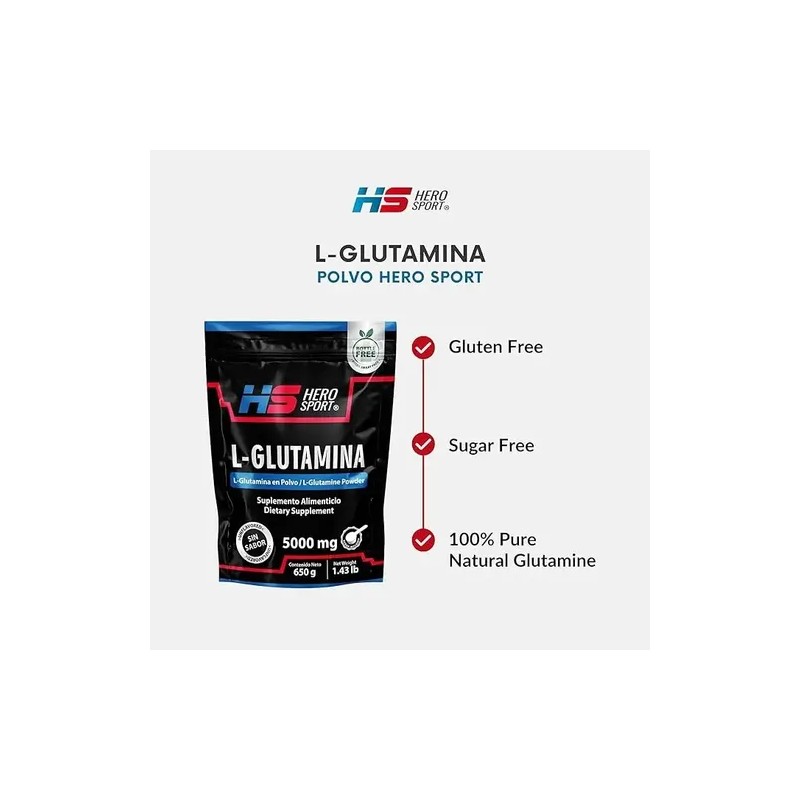 Glutamina Polvo 650 Gr 130 Servicios, Sin Sabor Hero Sport