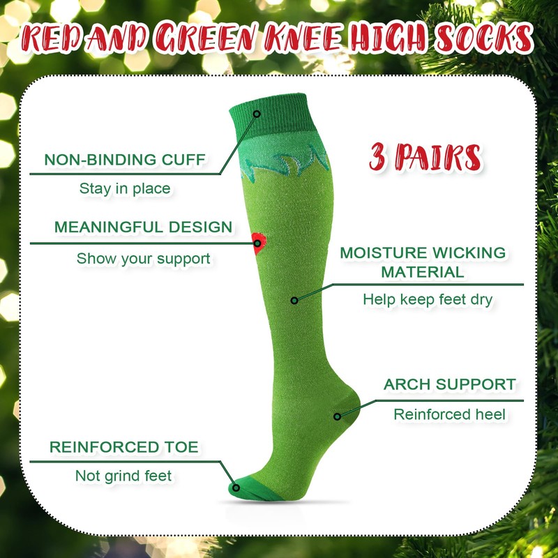 Jamntower 3 Pairs Red and Green Knee High Socks Red