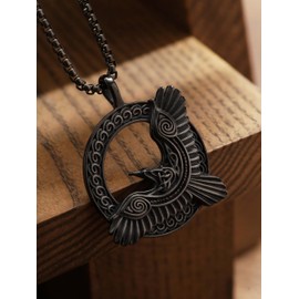 HAQUIL Raven Necklace, Celtic Raven in Flight Medallion Pendant, Box Chain, Raven Jewelry Gift for Men and Women, Stainless Steel, No Gemstone