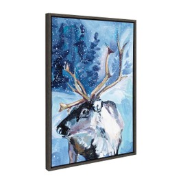 Kate and Laurel Sylvie Reindeer In Snow Framed Canvas Wall Art by Rachel Christopoulos, 23x33 Gray, Winter Christmas Reindeer Art for Wall