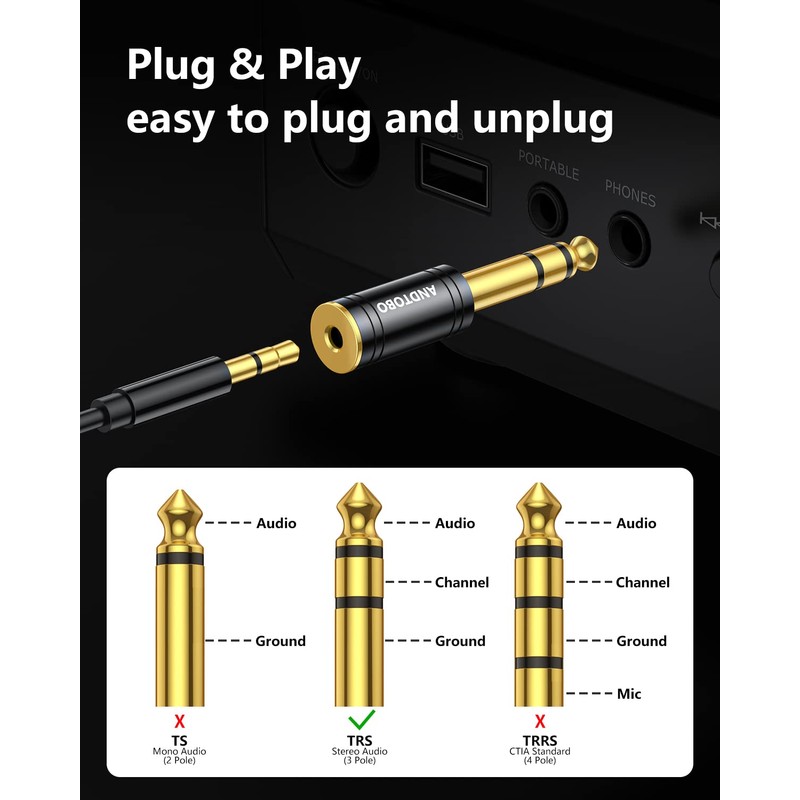 ANDTOBO 1/4''(6.35mm) Male to 1/8'' (3.5mm) Female Stereo Audio Jack