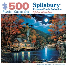 Bits and Pieces - 500 Piece Jigsaw Puzzle for Adults - 18" x 24" - Cabin by The Lake - 500 pc Autumn Fall Nighttime Jigsaw by John Zaccheo