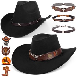 2 Pieces Western Cowboy Hat for Men Women Classic Fedora Hat with 3 Buckle Belt 4pcs DIY Cowboy Iron on Patches Luxury Sets Black