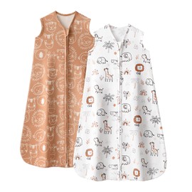 FIEMOL Baby Sleep Sack 0-6 Months, 0.5 TOG Wearable Blanket for Baby Boy and Girl, 2-Way Zipper Newborn and Infant Sleeping Bag 2 Pack, Lightweight Sleep Sacks Orange Animal（Small）