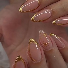 OHWODA 3D Gold French Tip Press On Nails Medium Almond 24pcs Glossy Acrylic False Nails with Star Designs Cute Stick on Artificial Nails Full Cover Glue on Nails Golden False Nails for Women