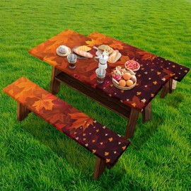 Maple Leaves Fitted Picnic Table Cover with Bench Covers Waterproof Picnic Tablecloth Wipeable Table Cloth with Elastic Edges Universal Fit