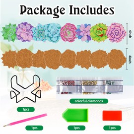 8 PCS Succulent Diamond Art Coasters-Flower Diamond Painting Coasters Kits with Holder,DIY Plants Coasters Kit with Cork Bases for Beginners Adults Art Craft Supplies Gift