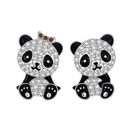 Lovely CZ Panda Small Stud Earrings for Women Teen Girls Sensitive Ear Cute Sterling Silver Plated Asymmetric Crystal Animal Pet Huggie Studs Fashion Jewelry Daughter Gifts