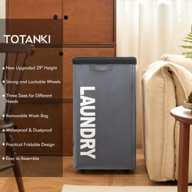 TOTANKI 29" X-Large Rolling Laundry Basket on Wheels with Removable Bag, Foldable Laundry Hamper with Handle, Collapsible Laundry Sorter and Organizer, Tall Storage Basket Bin (Grey)