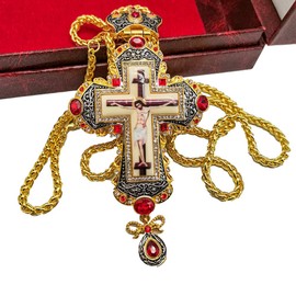 Nazareth Store 18K Gold Plated Pectoral Cross Multi Zircons Crystallized Elements Christian Priest Bishop Large Crucifix Pendant with Necklace 24" (Pectoral Cross with Green and Clear Stones)