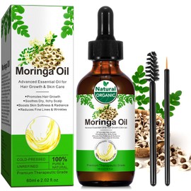 Moringa Oil 2.02 fl.oz, 100% Natural Organic Unrefined Cold-Pressed Moringa Seed Oil for Hair, Face, Skin Care, Anti-Aging, Nourish Hair Care, Scalp Massage & Body Massage, Carrier with Dropper
