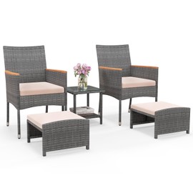 HAPPYGRILL 5 Pieces Wicker Patio Conversation Set, PE Rattan Porch Chairs with Ottomans, 2-Tier Coffee Table, Cushions, Outdoor Furniture Set for Garden, Poolside, Balcony