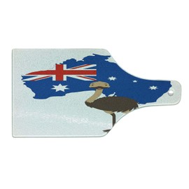 Lunarable Emu Cutting Board, Australian Map with National Flag and Cartoon Bird, Decorative Tempered Glass Cutting and Serving Board, Wine Bottle Shape, Cobalt Blue Multicolor