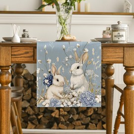 Artoid Mode Bunny Rabbit Cotton Hydrangea Happy Easter Table Runner, Seasonal Spring Kitchen Dining Table Decoration for Home Party Decor 13x72 Inch