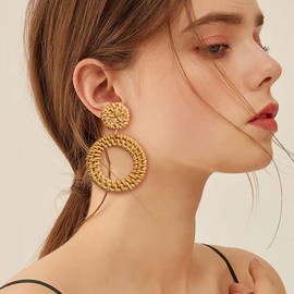 CEALXHENY Rattan Earrings for Women Handmade Straw Wicker Braid Drop Dangle Earrings Lightweight Geometric Statement Earrings (E 4PC Set)
