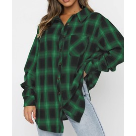 Lacozy Women Buffalo Plaid Long Sleeve Shirts Flannel Lapel Button Down with Pocketed Green X-Large