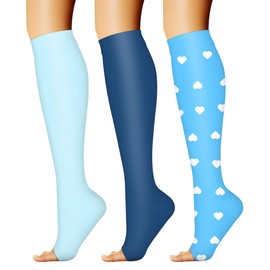 CHARMKING 3 Pairs Open Toe Compression Socks for Women & Men Circulation 15-20 mmHg is Best for All Day Wear Running Nurse (16 Blue/Blue/Cyan, S/M)
