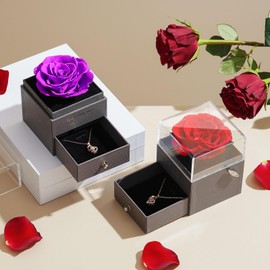 ADDWel Eternal Rose Box with 'I Love You' Necklace in 100 Languages and 'You Are My Sunshine' Music Box. Durable, Preserved Real Rose Mum, Grandma, Wife, Girlfriend