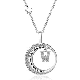 LOCIBLO Moon and Star Initial Necklaces for Women 925 Sterling Silver Letter W Pendant Cubic Zirconia Necklace Simulated Diamonds Jewellery for Her, Adjustable Chain 16"+2"