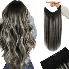 YoungSee 135G Wire Hair Extensions Ombre Black Fish Line Hair Extensions Invisible Wire Extensions Human Hair Blend of Black and Silver with Black Roots Wire Hair Extensions Real Human Hair 24Inch