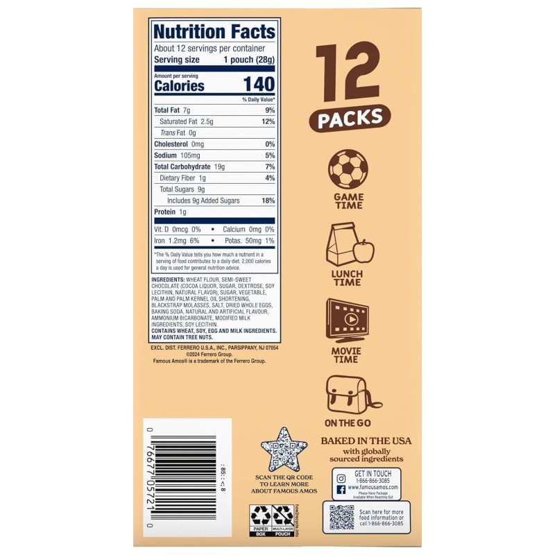 Famous Amos Classic Chocolate Chip Cookies, 1 Ounce Bag (Pack
