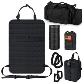 IronSeals Car Seat Back Organizer with 4 Pouches, Tactical Molle Panel Sag Proof Vehicle Seat Protector Automotive Seat Back Pad - Duffel Bag, Medical Pouch， Water Bottle Pouch and Molle Pouch