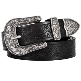 VONMELLI Western Belt Women's Cowboy Cowgirl Leather Belt for Jeans with Floral Vintage Carving Design, black