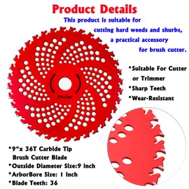 9" x 36 Teeth Carbide Tipped Blades, for Brush Cutter, Trimmer, Weed Eater, Compatible with Husqvarna Stihl,Ego,Fsx, Lawn Care, Farmland, Roadside Maintenance (1PCS Without Adapter Kit)