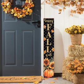 Happy Fall Y'all Porch Sign Black Checkered with Sunflower Pumpkin Design Front Door Hanging Decorations Indoor Outdoor Wooden Vertical Welcome Sign For Home Yard Farmhouse Holiday Decor 47 x 7.8 inch