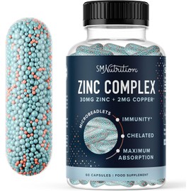 Zinc 30mg Microbeadlets with Copper | Highly Absorbable Zinc Bisglycinate & Orotate with 2mg Chelated Copper + Vitamin B6 | Vegan, Gluten-Free | Zinc Balance & Acne Support Supplements | 60 Capsules