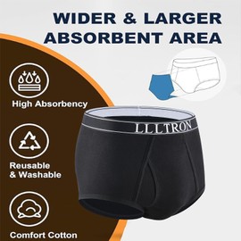 Incontinence Underwear for Men Washable Cotton Briefs Reusable Urinary Protective Absorbent Underwear for Bladder Leakage Control 150ml 3-Pack（2White+1Black，L）