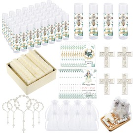 Dansib 300 Pcs Eucalyptus Greenery Baby Baptism Favors Includes Lip Balm Cross Soap Baptism Rosaries Greeting Cards and Organza Bag Christening Communion Baptism Gender Reveal Favors for Guests Gifts