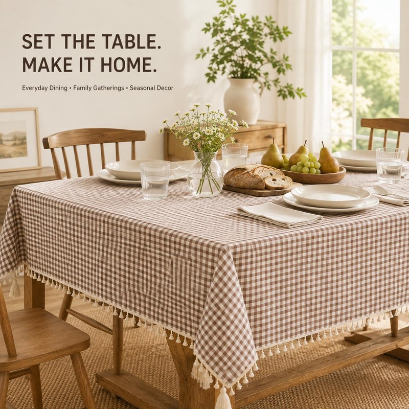 Coffee Gingham Tablecloth, Linen Farmhouse Tablecloth with Tassel, 60x84 In