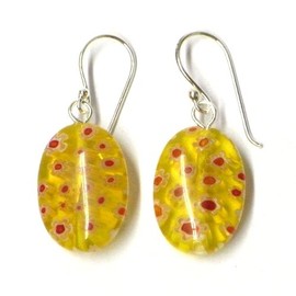 Chic-Net Murano glass earrings yellow colorful floral design 925 sterling silver large oval 30 mm