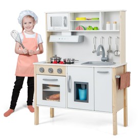 HOMGX Kid Kitchen Playset, Wooden Pretend Cooking Set with Realistic Stove, Sink with Faucet, Microwave, Ice Maker, Range Hood & 18 Accessories, Play Kitchen Toy Set for Kids Ages 3+