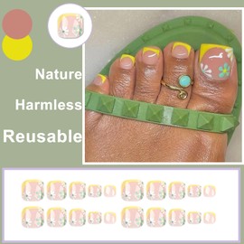 Pack of 24 False Toenails, Short Artificial Toenails, French Flower, Square Press on Toenails, Acrylic Toenails, Nail Tips Kit for Women, Girls, Nail Decoration