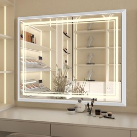 Wansi Shine LED Bathroom Mirror: 40x32 Inch LED Bathroom Vanity Mirror - Silver Framed Lighted Mirror for Bathroom Anti-Fog Gesture Control Dimmable Memory Function Tempered Glass