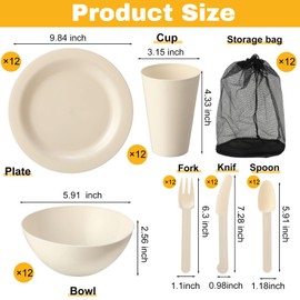 LemonRoad 12 Set College Dorm Dishes Essential Kit, Plates and Bowls Back to School Beige Room Dishes Set with Storage Mesh Bag Cup, Microwave Dinnerware Picnic for RV Camping