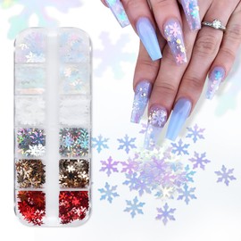 Tyuimhx 12 Grids Christmas Nail Art Glitter Sequins 3D Holographic Winter Snowflake Nail Art Glitter Flakes Red Gold Silver White Snowflake Designs Xmas Nail Decorations for Acrylic Nails Supplies