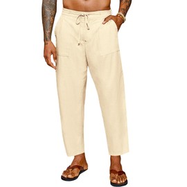Runcati Mens Cotton Linen Casual Pants Elastic Waist Drawstring Lightweight Cropped Pants Summer Beach Yoga Trousers Beige