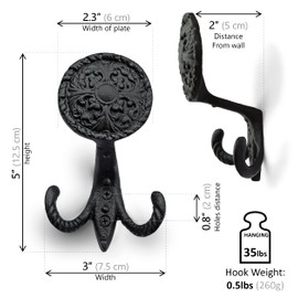 Ambipolar 3-Pack Fleur de lis Plate Style Coat Hooks, Vintage Black Hooks for Coats, Hats, and More, Sturdy Cast Iron Construction, Rustic Farmhouse Theme, Easy Installation Versatile and Durable