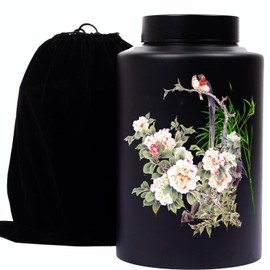 Cremation Memorial Urn Large Black Decorative Urn Bamboo Funeral Human Ashes Urn,Adult Burial Urn for Adult Male-Female Ashes, Cemetery Burial or Niche with Black Velvet Bag