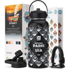 DYSANKY National Parks Water Bottle – 32 oz Insulated Stainless Steel Thermos with 63 Hand-Drawn Park Stickers, Outdoor Accessories & Gift Box – BPA-Free – Ideal for Hiking, Camping & Travel