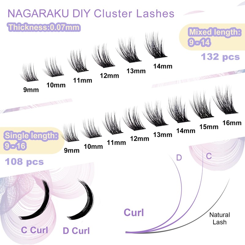 NAGARAKU DIY T50 Cluster Eyelash Extensions, Pack of 108, Wide