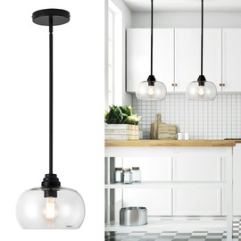 puncoll Modern Pendant Lights, 1-Light Glass Pendant Light - Black Kitchen Light Fixture Metal Finish with Clear Glass H-9385-BK-R