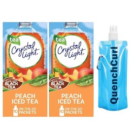 Crystal Light On The Go Drink Mix Pouches, Sugar-Free, Low-Calorie, 2 Pack of 10 Pouches with QuenchCurl Collapsible Bottle! (2 Pack, Peach Iced Tea Flavor)